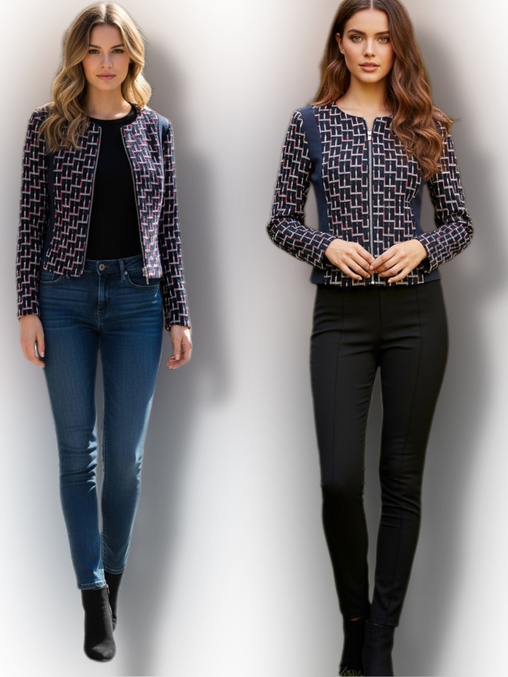 H&M Textured Tweed Blazer Jacket, Size 2, NWOT, Navy Blue Red White